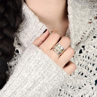 925 Sterling Silver Spinner Ring with Brass and Copper Fidget Rings for Women Wide Band