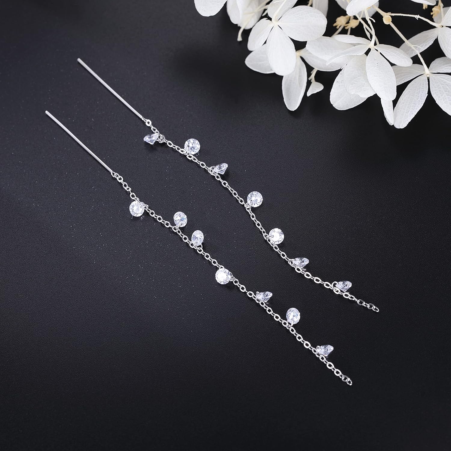 925 Sterling Silver Sparkling CZ Droplet Dangle Earrings for Women Teens Elegant Wedding Dangling Earrings Threader Tassel