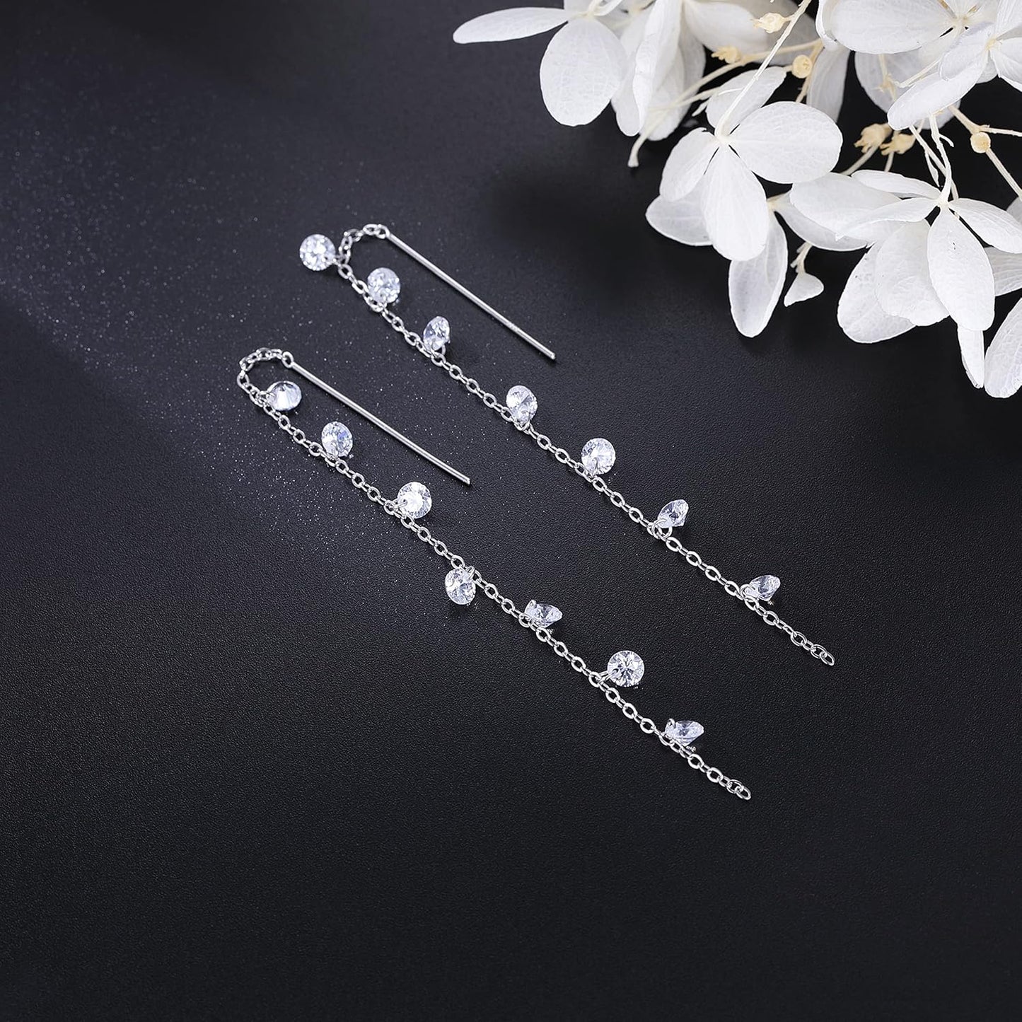 925 Sterling Silver Sparkling CZ Droplet Dangle Earrings for Women Teens Elegant Wedding Dangling Earrings Threader Tassel