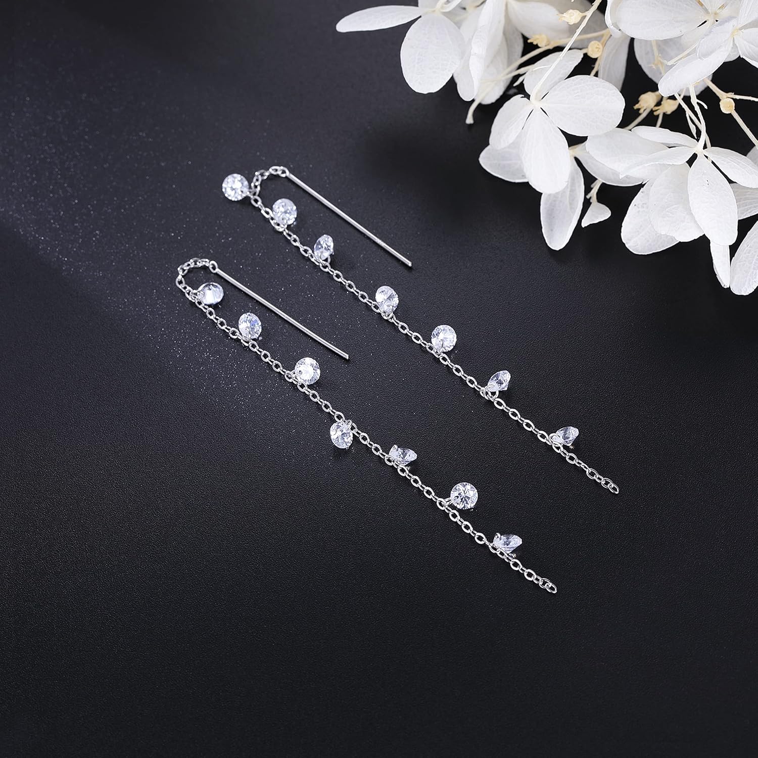 925 Sterling Silver Sparkling CZ Droplet Dangle Earrings for Women Teens Elegant Wedding Dangling Earrings Threader Tassel