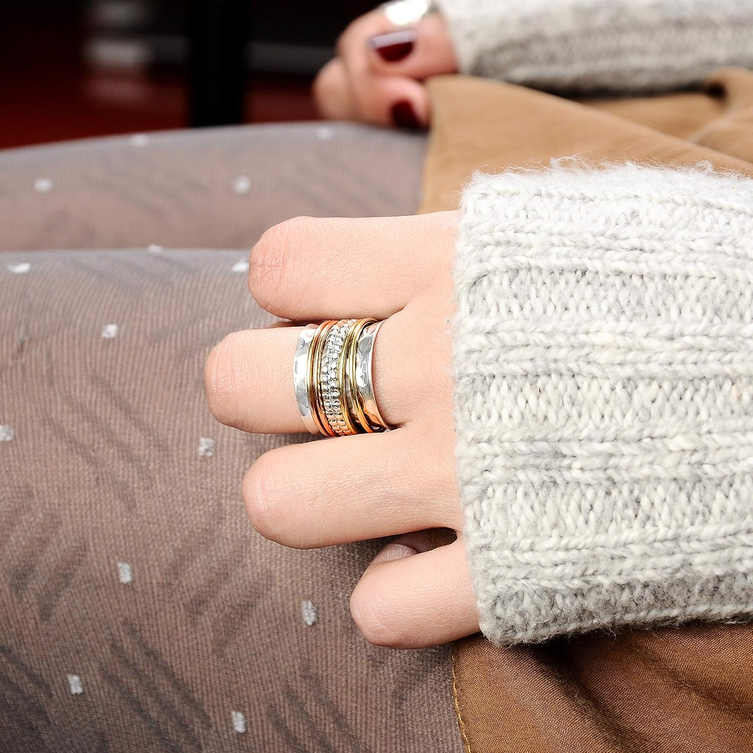 925 Sterling Silver Spinner Ring with Brass and Copper Fidget Rings for Women Wide Band