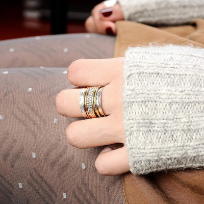 925 Sterling Silver Spinner Ring with Brass and Copper Fidget Rings for Women Wide Band