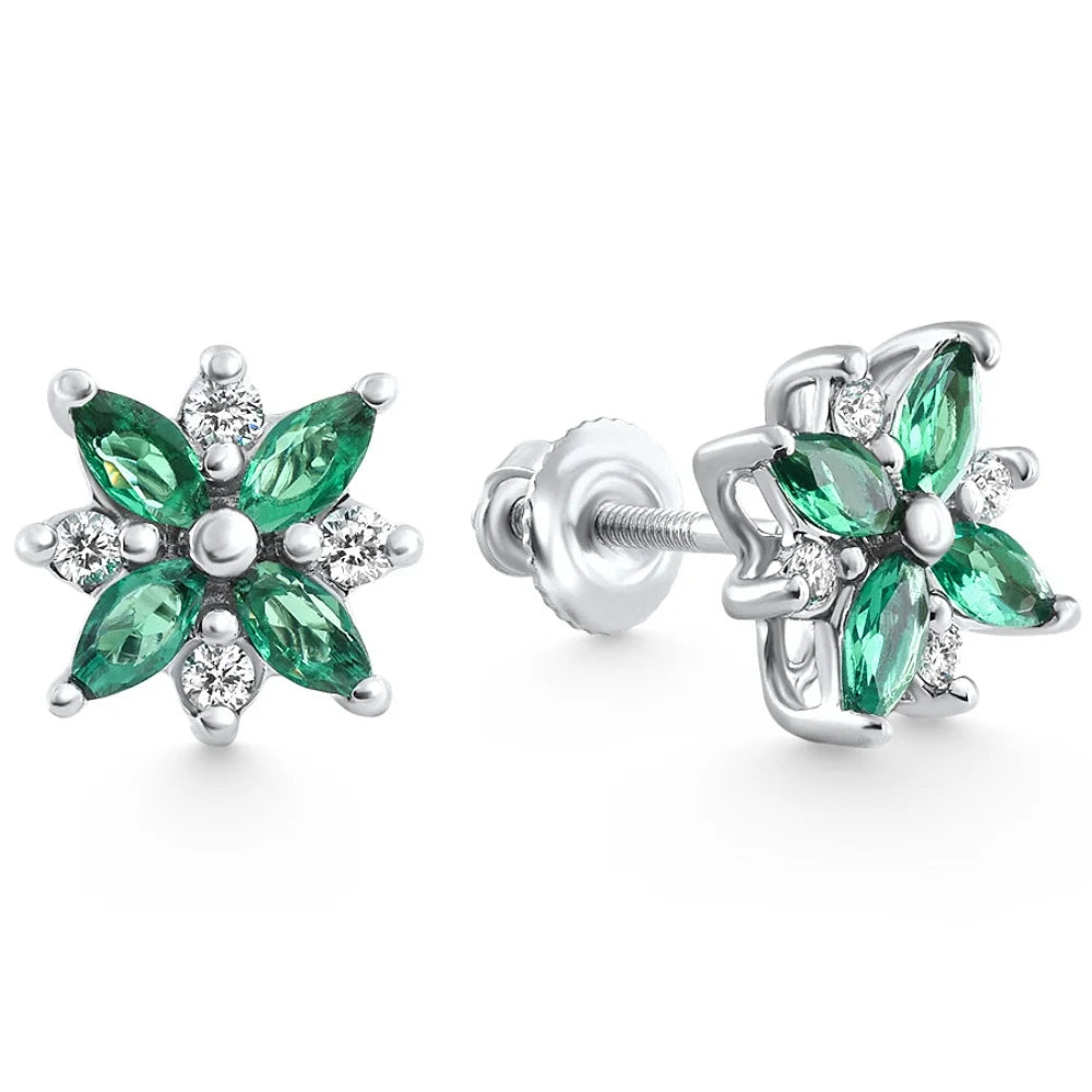Pompeii .60Ct Petal Green Emerald Diamond Earrings 14K White Gold Lab Grown Screw Back