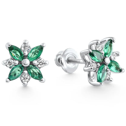 Pompeii .60Ct Petal Green Emerald Diamond Earrings 14K White Gold Lab Grown Screw Back