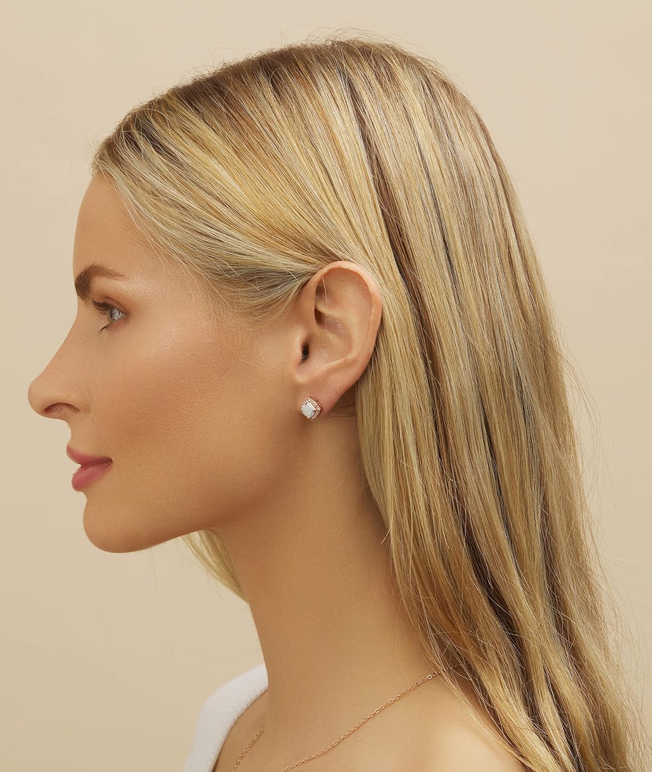 White Gold Plated Created White Opal Stud Earrings for Women - Made in Brazil