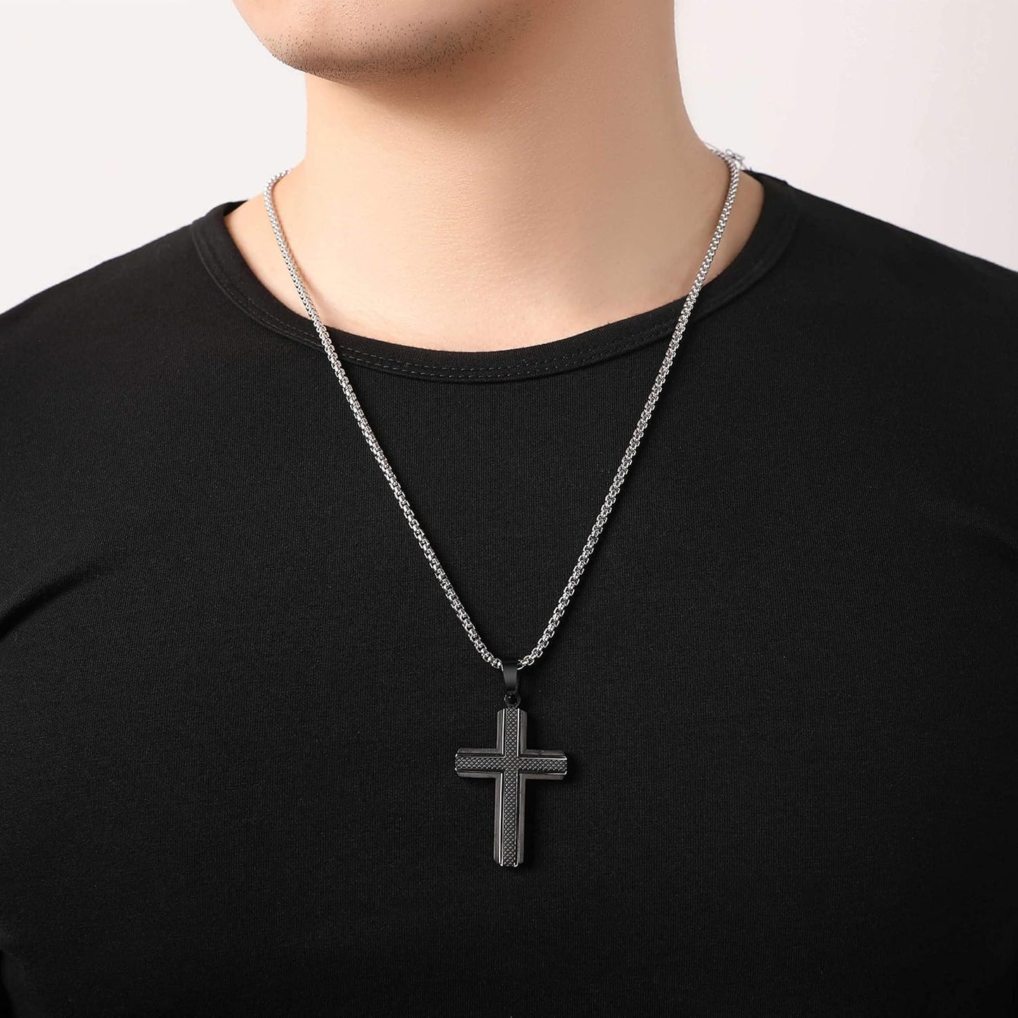 Men'S Stainless Steel Cross Necklace,Two-Tone Black & Blue Carbon Fiber Pendant - Included Gift Box