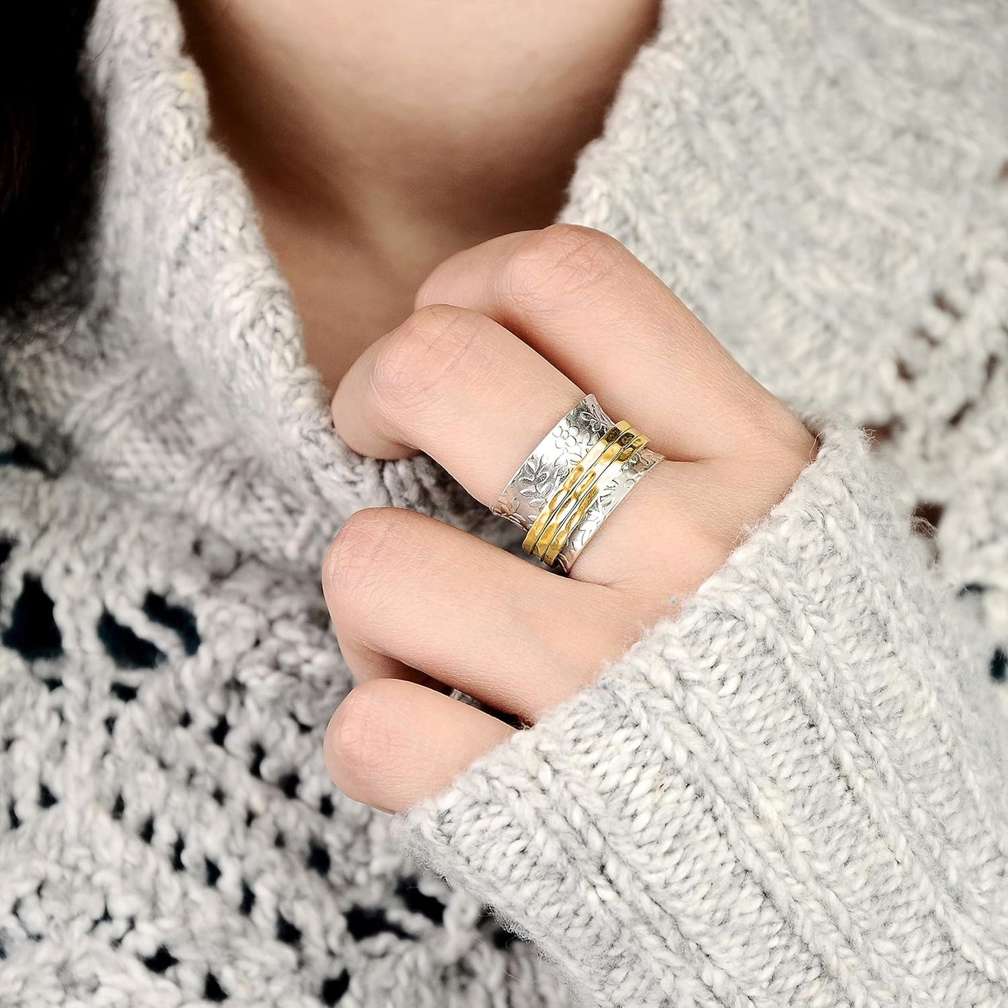 925 Sterling Silver Spinner Flowers Ring for Women with 3 Brass Fidget Rings Wide Band