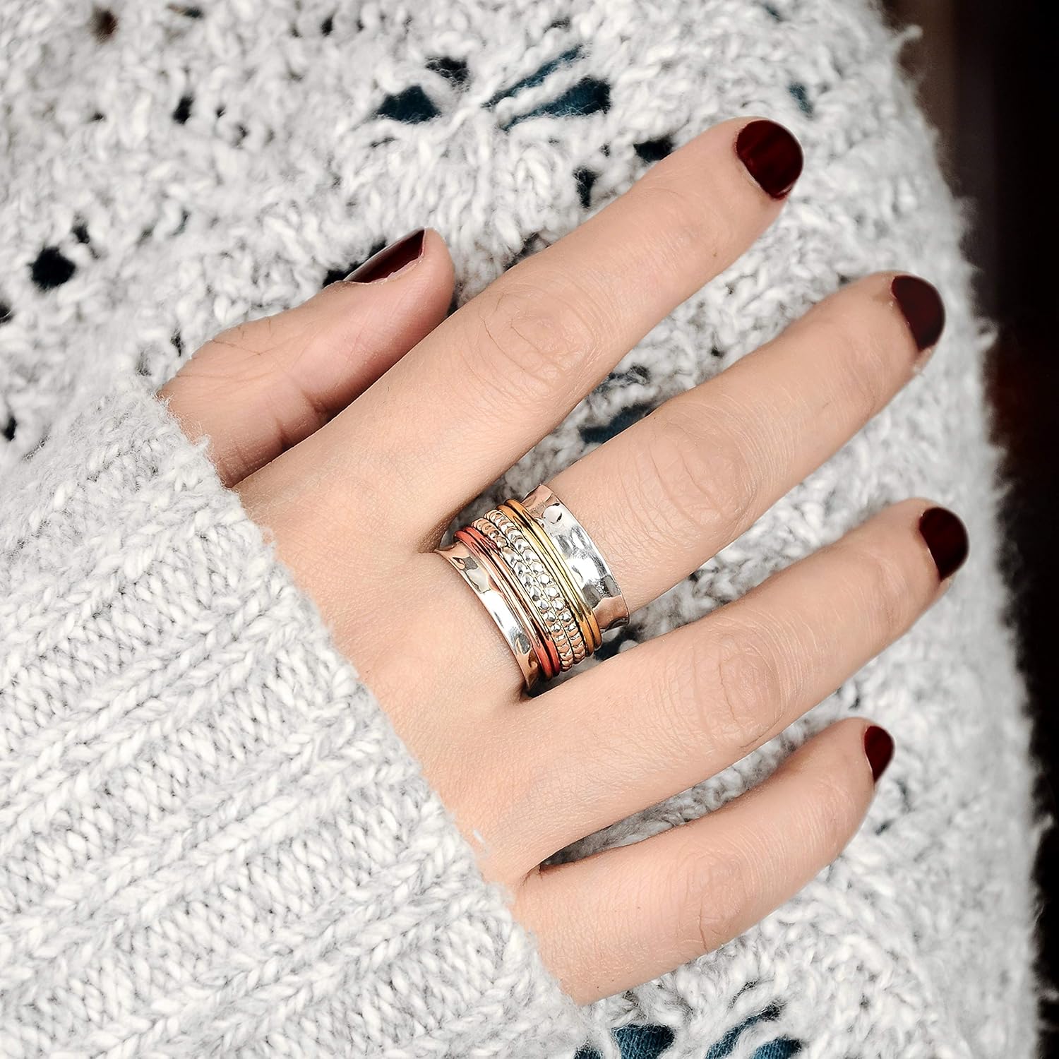 925 Sterling Silver Spinner Ring with Brass and Copper Fidget Rings for Women Wide Band