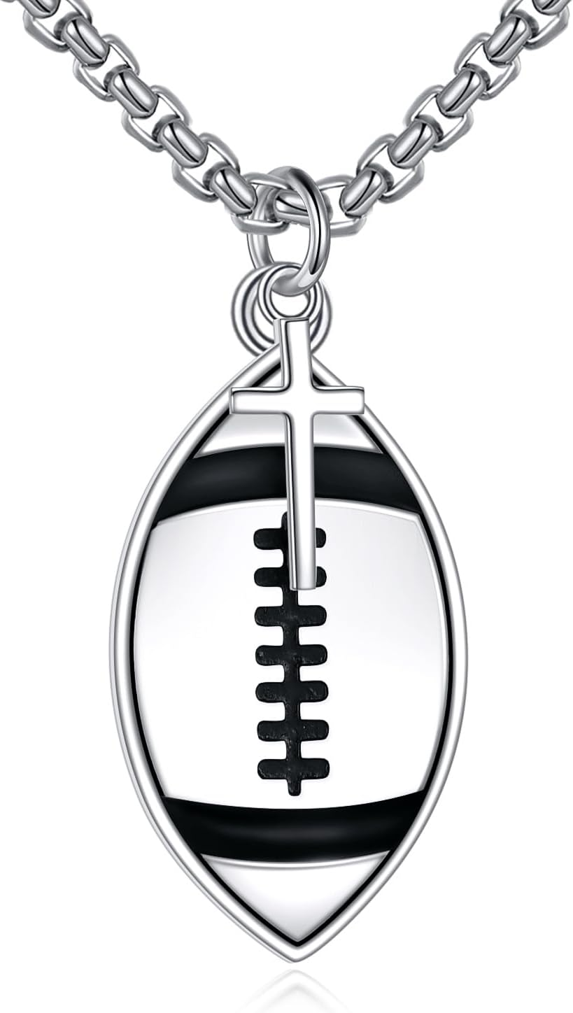925 Sterling Silver Inspirational Football Cross Pendant Necklace