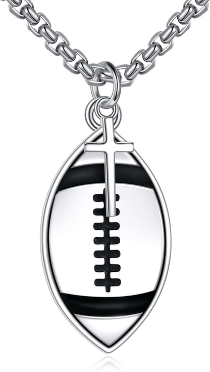 925 Sterling Silver Inspirational Football Cross Pendant Necklace