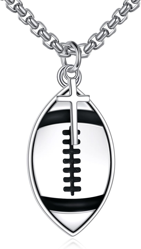 925 Sterling Silver Inspirational Football Cross Pendant Necklace