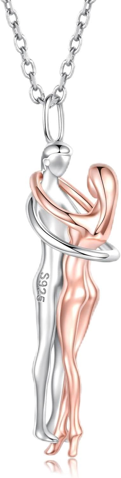925 Sterling Silver Rose Gold Hugging Couple Pendant Necklace