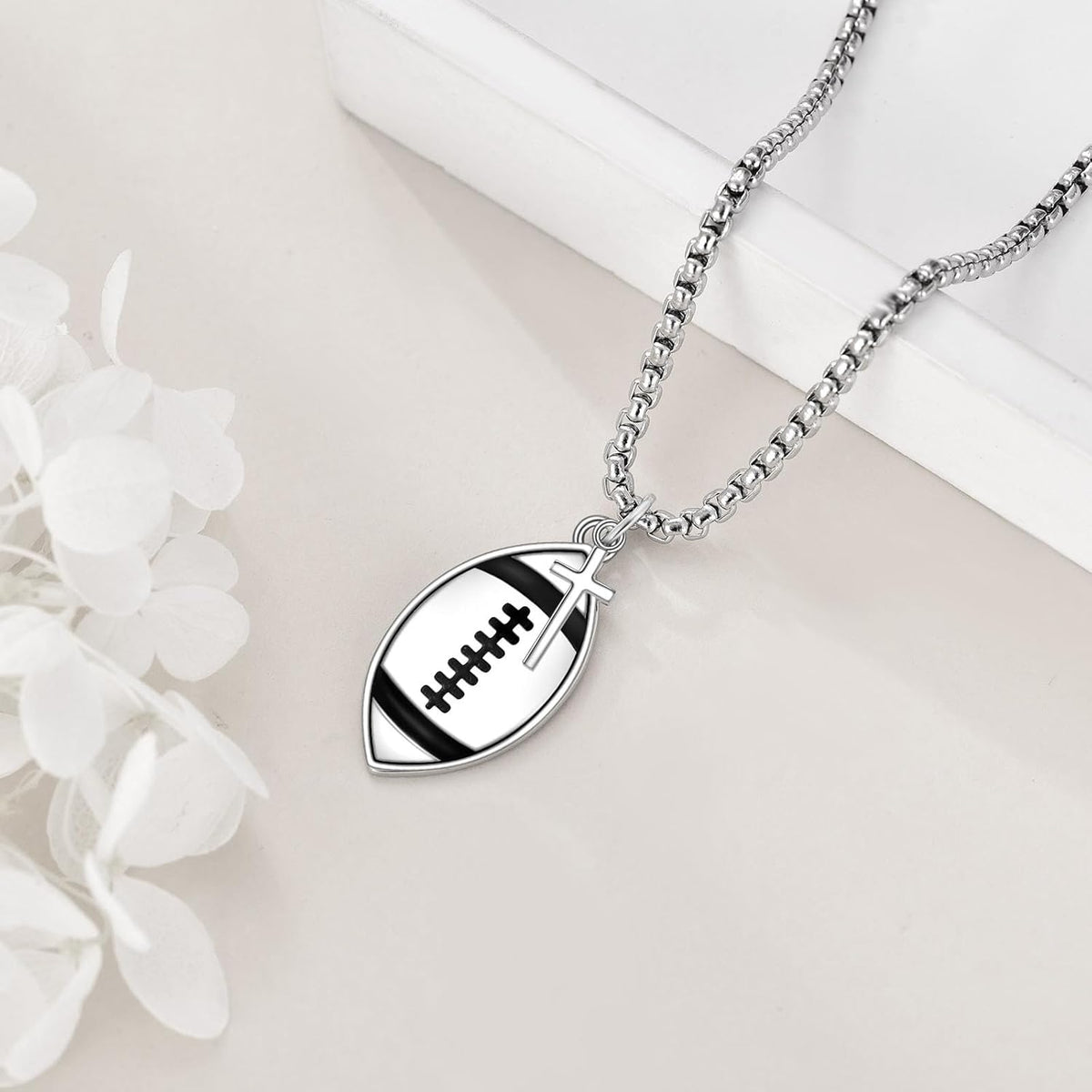 925 Sterling Silver Inspirational Football Cross Pendant Necklace