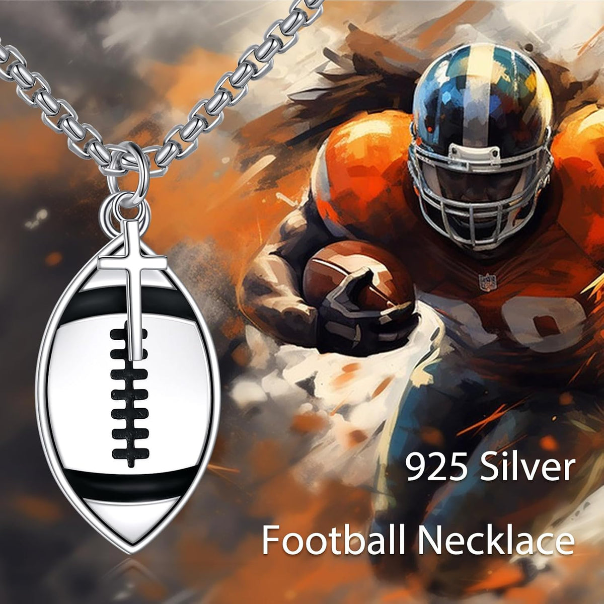 925 Sterling Silver Inspirational Football Cross Pendant Necklace