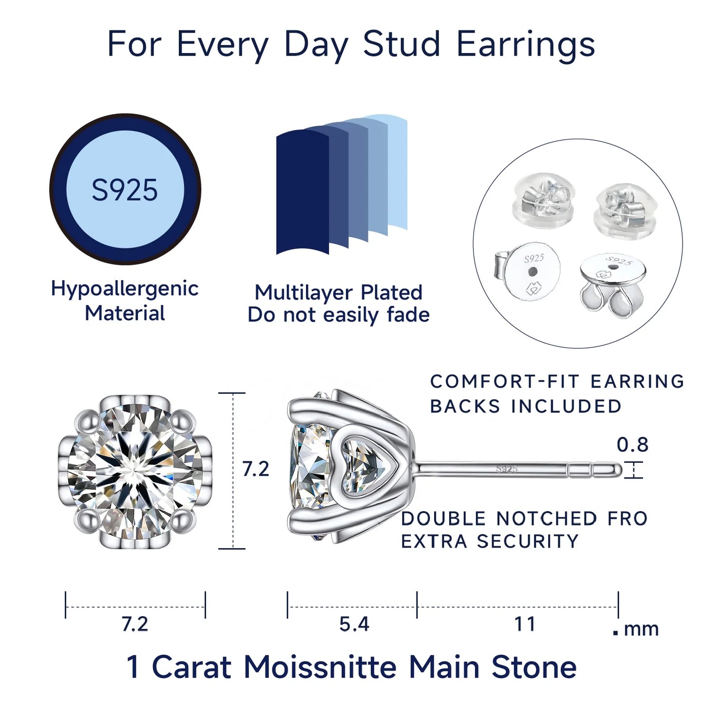 Moissanite Studs Earrings, 2CT D Color VVS1 Sparkly Lab Created Diamond Earrings S925 Sterling Silver,Gifts for Women