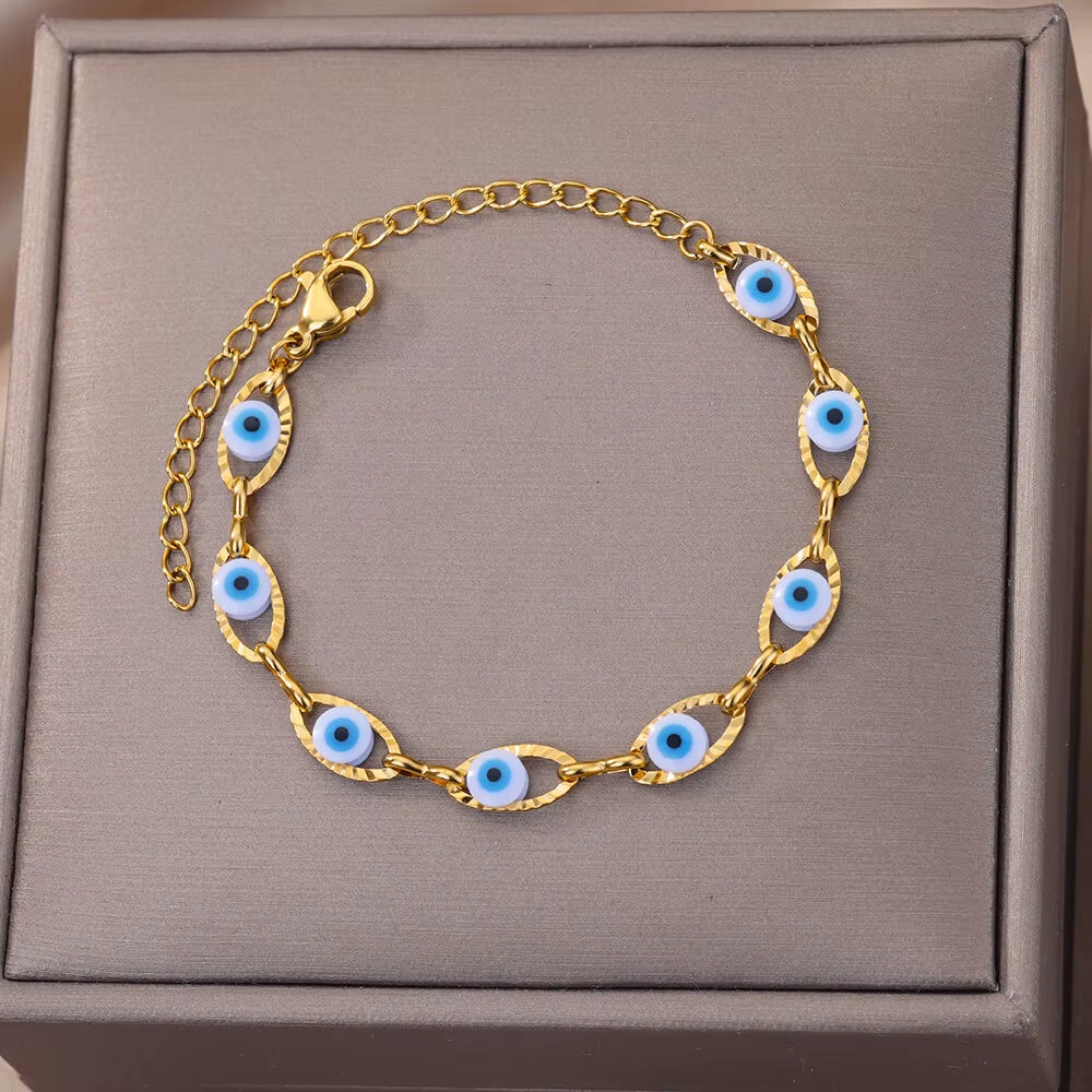 Gothic Rainbow Evil Eye Bracelets for Women Stainless Steel Gold Color Turkish Demon Chain Charm Bracelet Summer Beach Jewelry