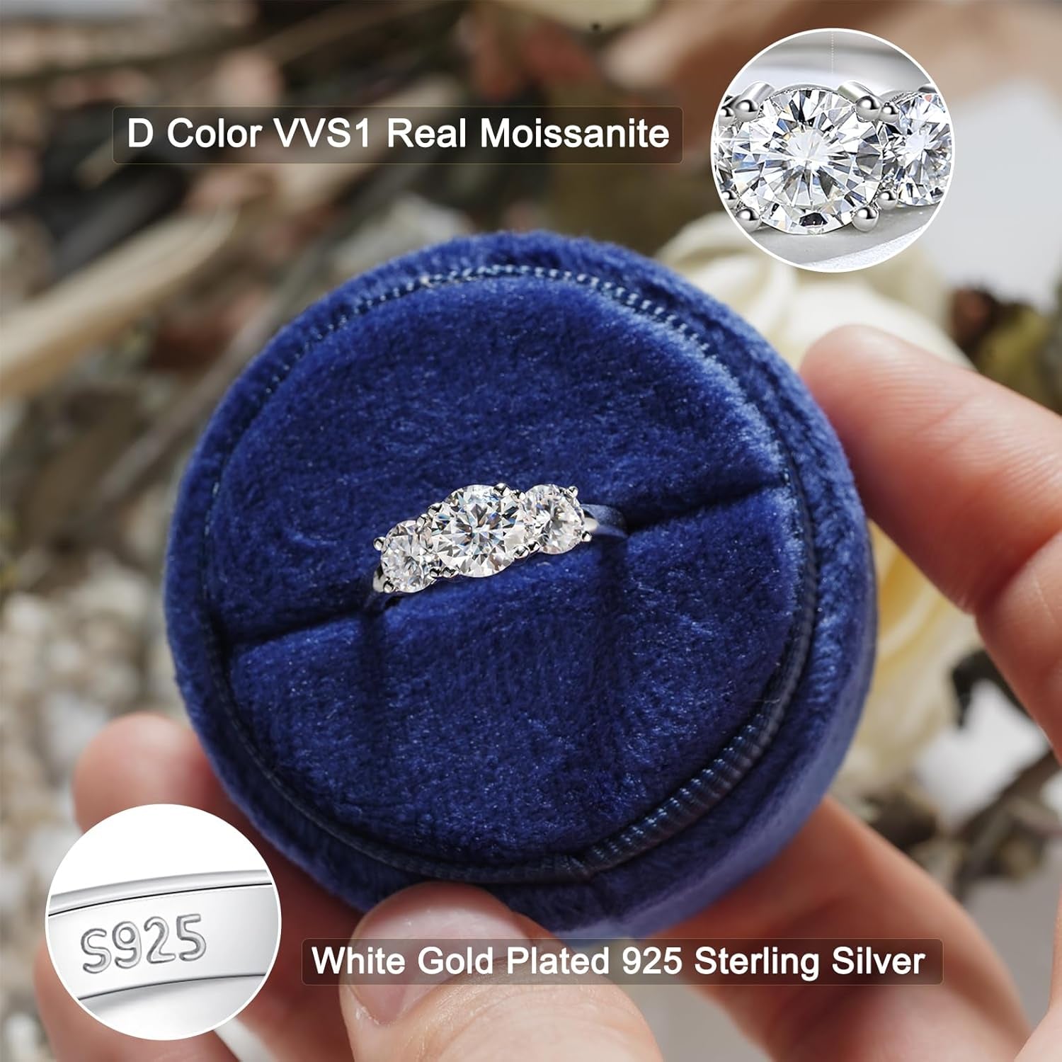 3 Stone Moissanite Engagement Rings 925 Sterling Silver 2Ct D Color VVS Lab Created Diamond round Cut Sparkling Wedding Band for Women Size 4-11