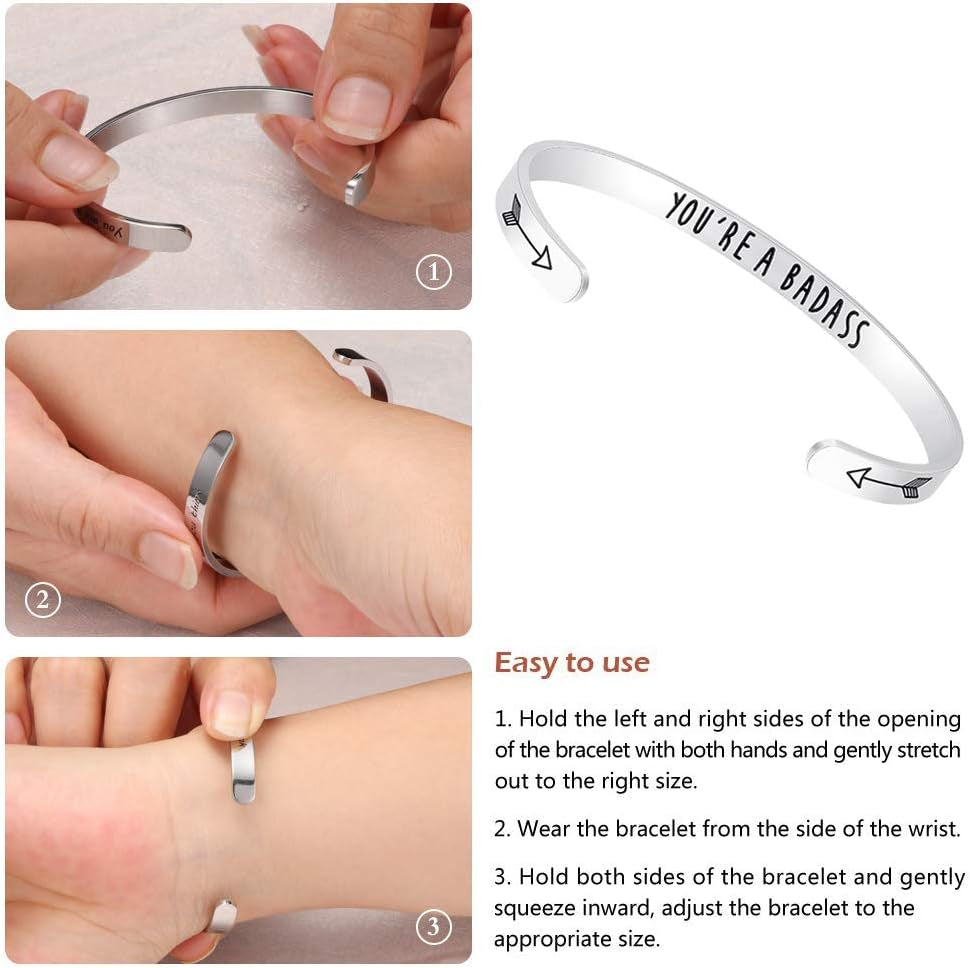Inspirational Bracelets for Women,Stainless Steel Engraved Personalized Positive Mantra Quote Keep Going Cuff Bangle College Graduation for Her