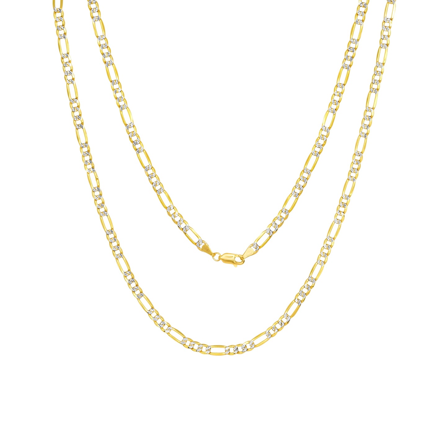 14K Real Yellow Gold Figaro Link 4.5Mm Diamond Cut Pave Chain Bracelet (7"-9") Two Tone Italian Jewelry for Men & Women