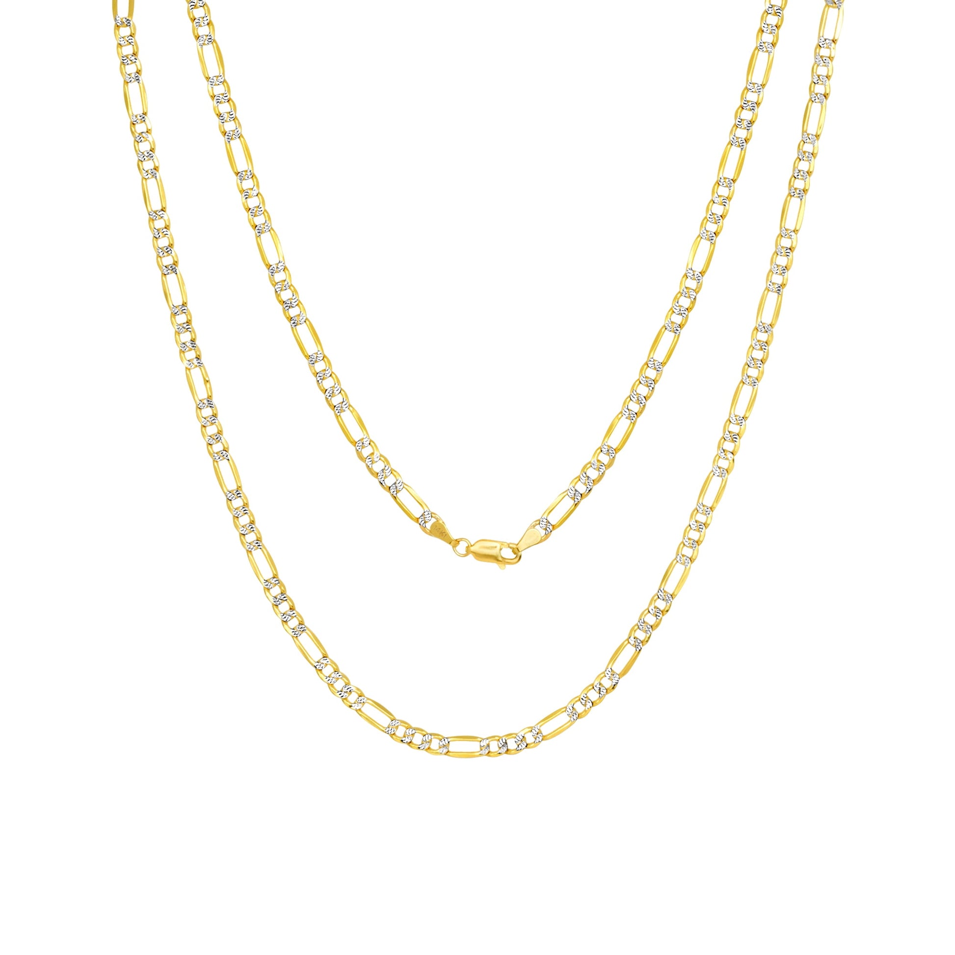 14K Real Yellow Gold Figaro Link 4.5Mm Diamond Cut Pave Chain Bracelet (7"-9") Two Tone Italian Jewelry for Men & Women