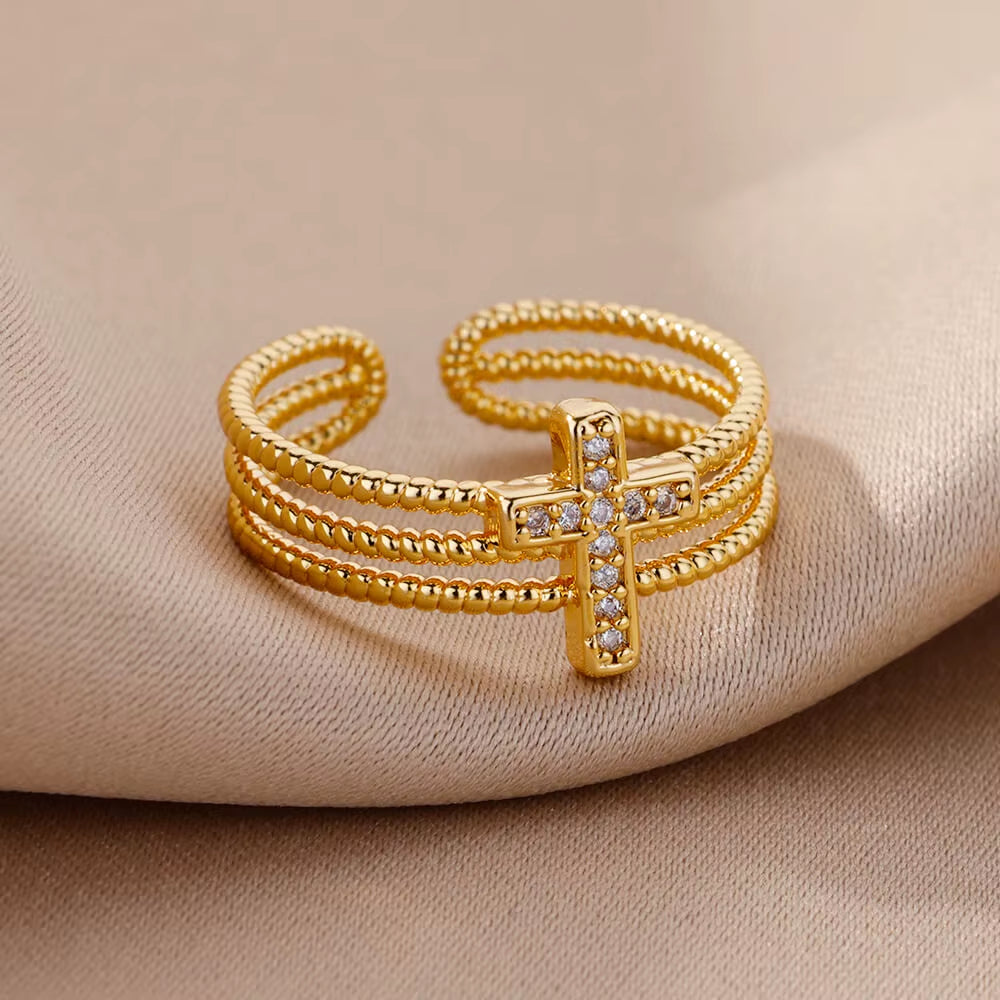 New in Zircon Cross Rings for Women Adjustable Stainless Steel Cross Ring Femme Design Luxury Wedding Jewerly Gift 2025 Anillos
