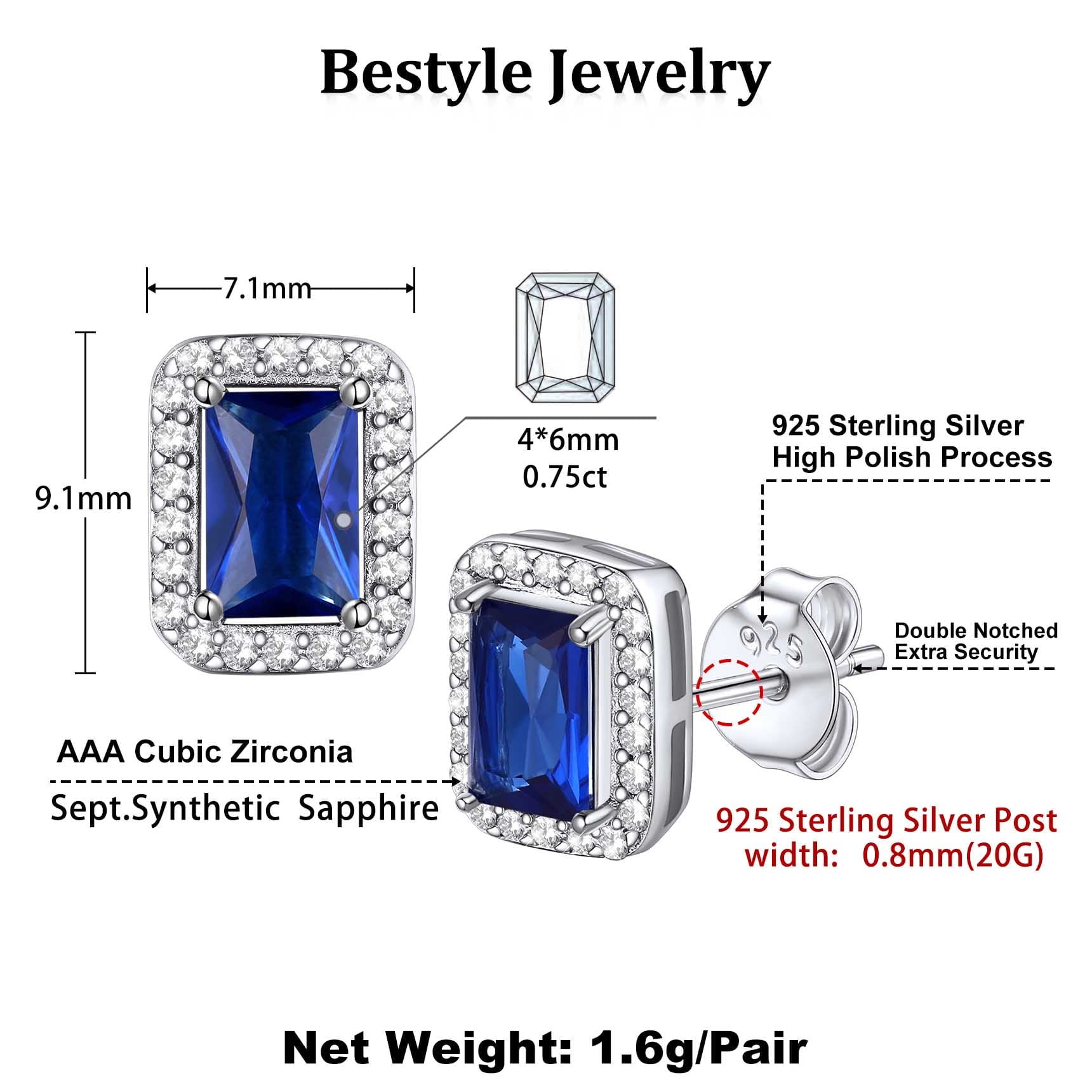 Square Diamond Stud Earrings September Sapphire Birthstone Earrings, Sterling Silver Earrings Birthday Jewelry Gift for Women