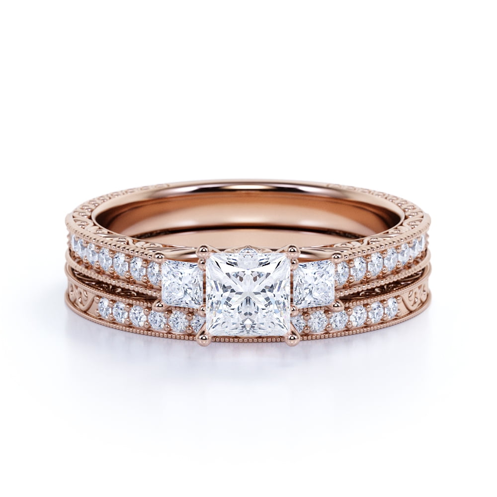 Beautiful 1.25 Carat Real Moissanite Wedding Ring Set in 18K Rose Gold over Silver