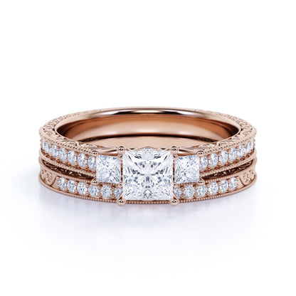Beautiful 1.25 Carat Real Moissanite Wedding Ring Set in 18K Rose Gold over Silver
