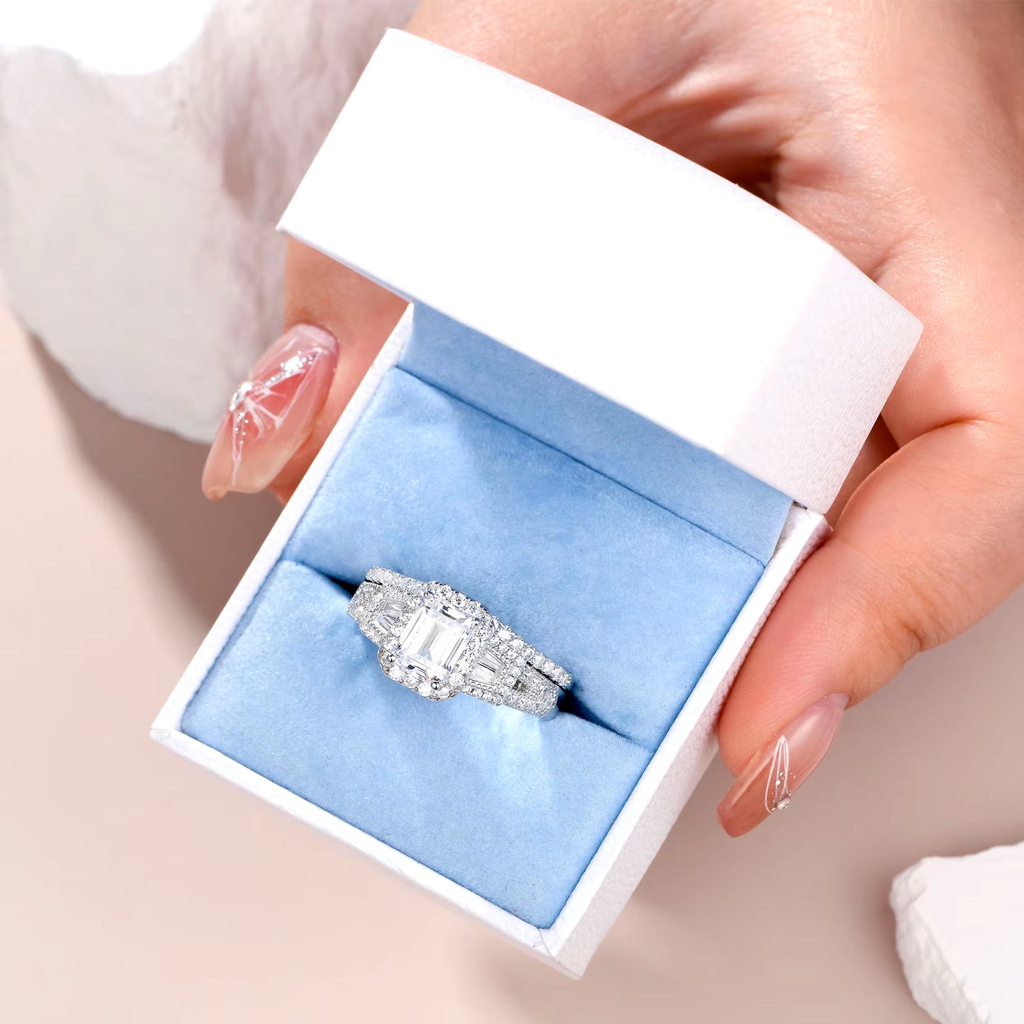 2Pcs Wedding Rings for Women 925 Sterling Silver Halo AAAAA Cubic Zircon Emerald Cut Engagement Ring Bridal Set