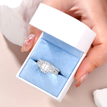 2Pcs Wedding Rings for Women 925 Sterling Silver Halo AAAAA Cubic Zircon Emerald Cut Engagement Ring Bridal Set