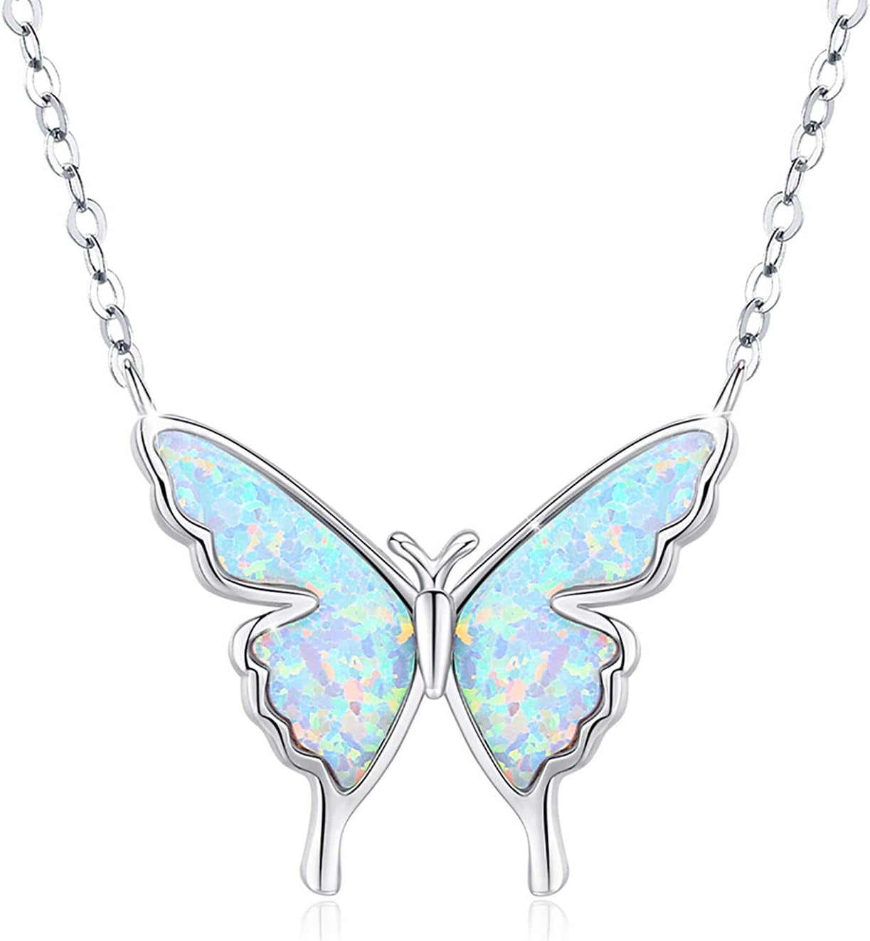 Opal Butterfly Necklace for Women 925 Sterling Silver Dainty Cute Butterfly Charm Jewelry Delicate Pendant Butterfly Necklace Birthday Christmas Gift for Wife Girlfriend Mom Teen
