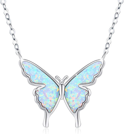 Opal Butterfly Necklace for Women 925 Sterling Silver Dainty Cute Butterfly Charm Jewelry Delicate Pendant Butterfly Necklace Birthday Christmas Gift for Wife Girlfriend Mom Teen