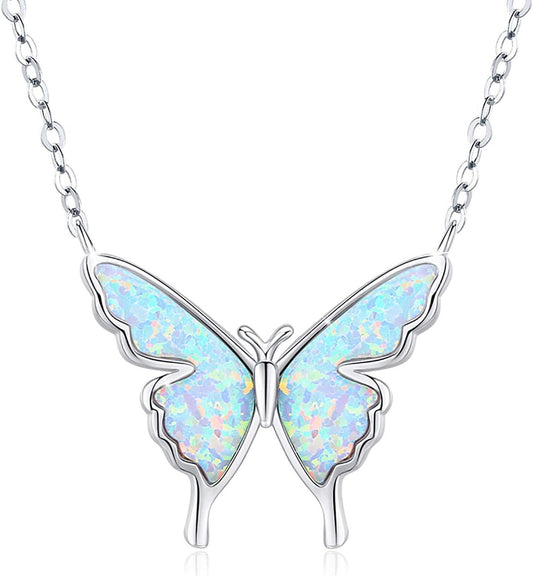 Opal Butterfly Necklace for Women 925 Sterling Silver Dainty Cute Butterfly Charm Jewelry Delicate Pendant Butterfly Necklace Birthday Christmas Gift for Wife Girlfriend Mom Teen