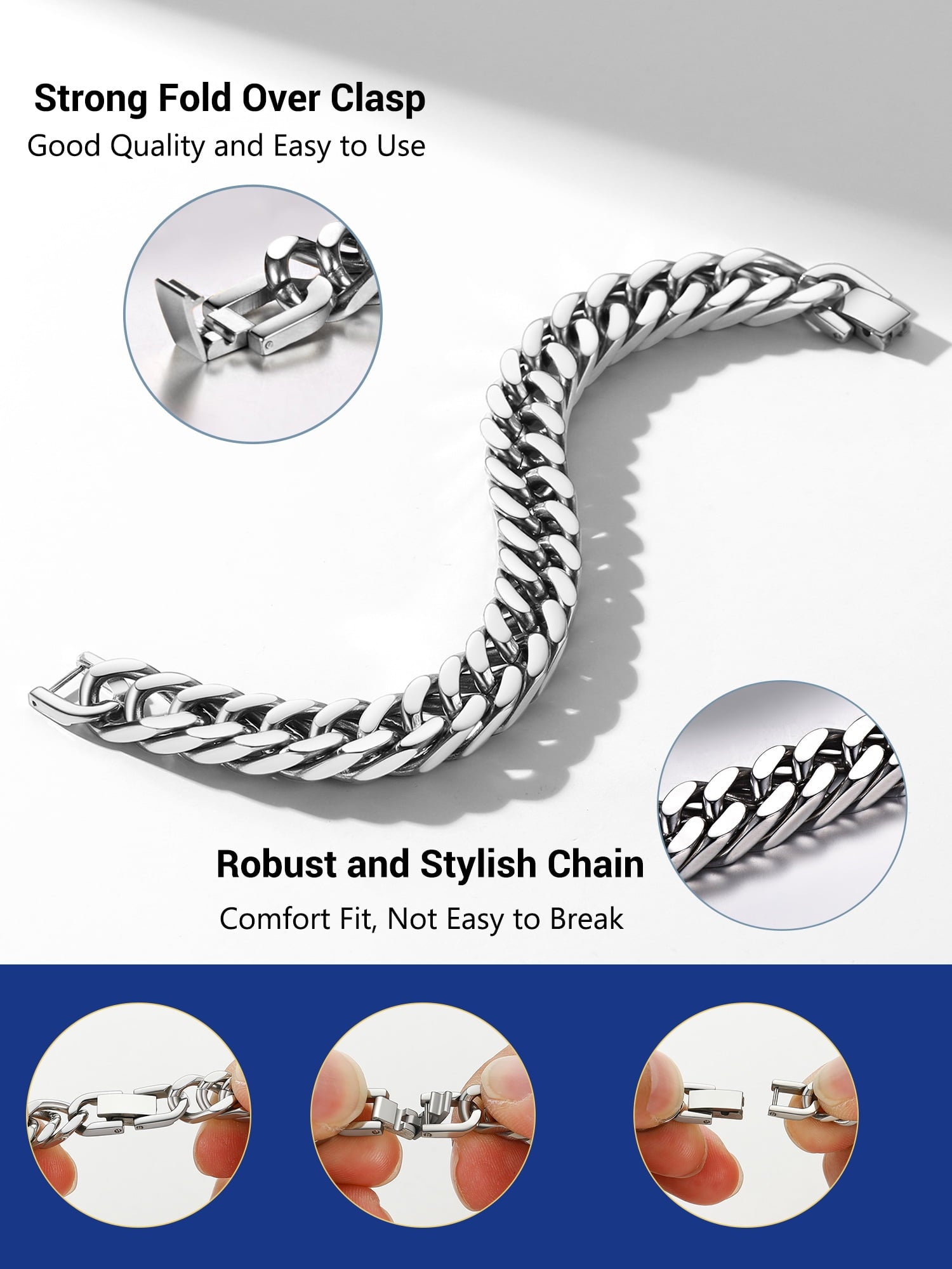 12Mm Men Silver Cuban Chains Bracelets Chunky Stainless Steel Franco Link Bracelet Father'S Day Hand Bracelet Jewelry Birthday Teen Graduation Gifts 7.5 Inch