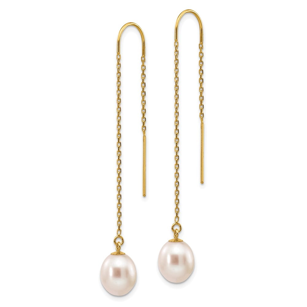 14K Yellow Gold 7-8 Mm White Rice Freshwater Cultured Pearl Dangle Threader Earrings