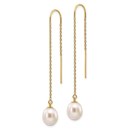 14K Yellow Gold 7-8 Mm White Rice Freshwater Cultured Pearl Dangle Threader Earrings