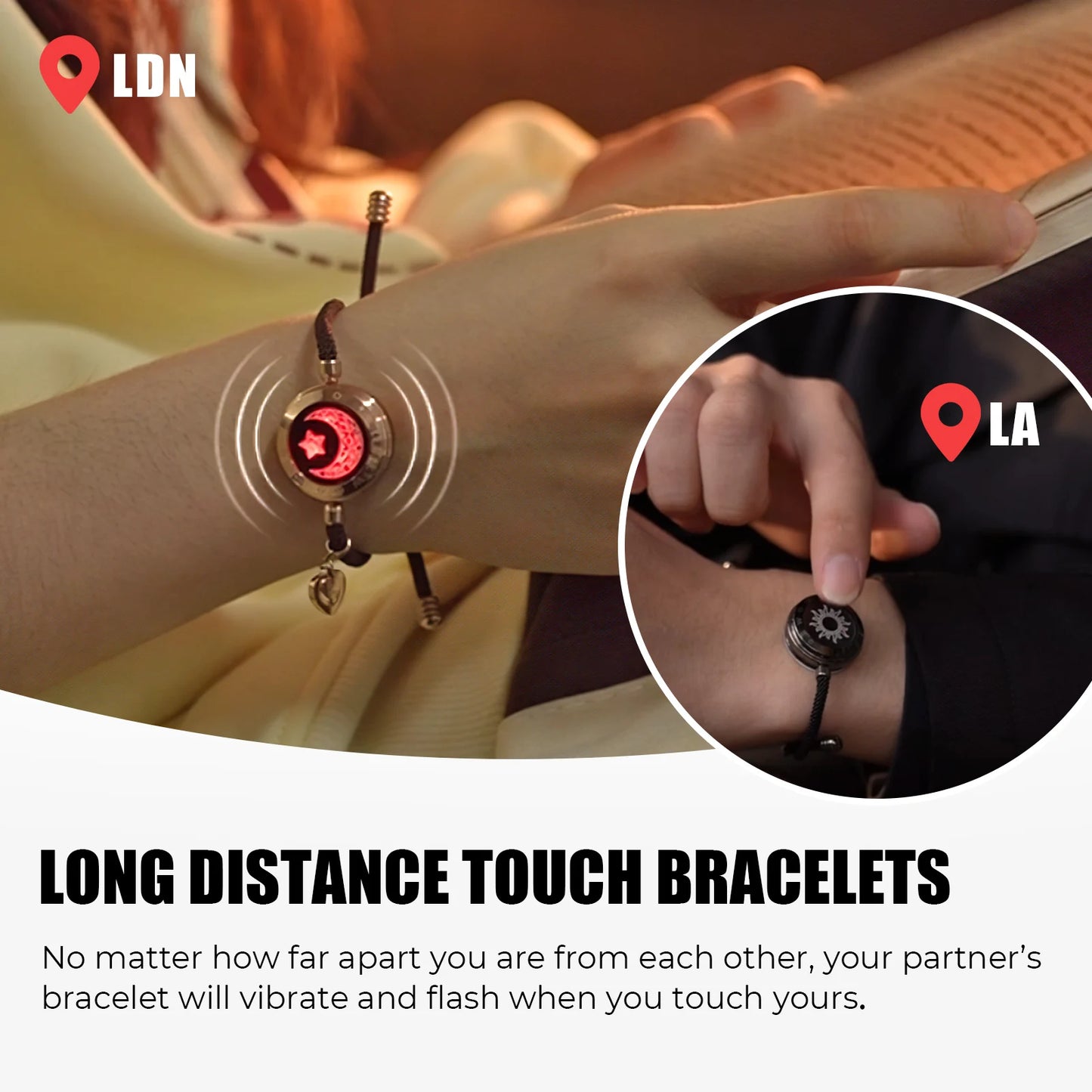 Totwoo Long Distance Touch Light up & Vibrate Bracelets for Couples, Long Distance Relationship Gifts Smart Sun & Moon Love Brac