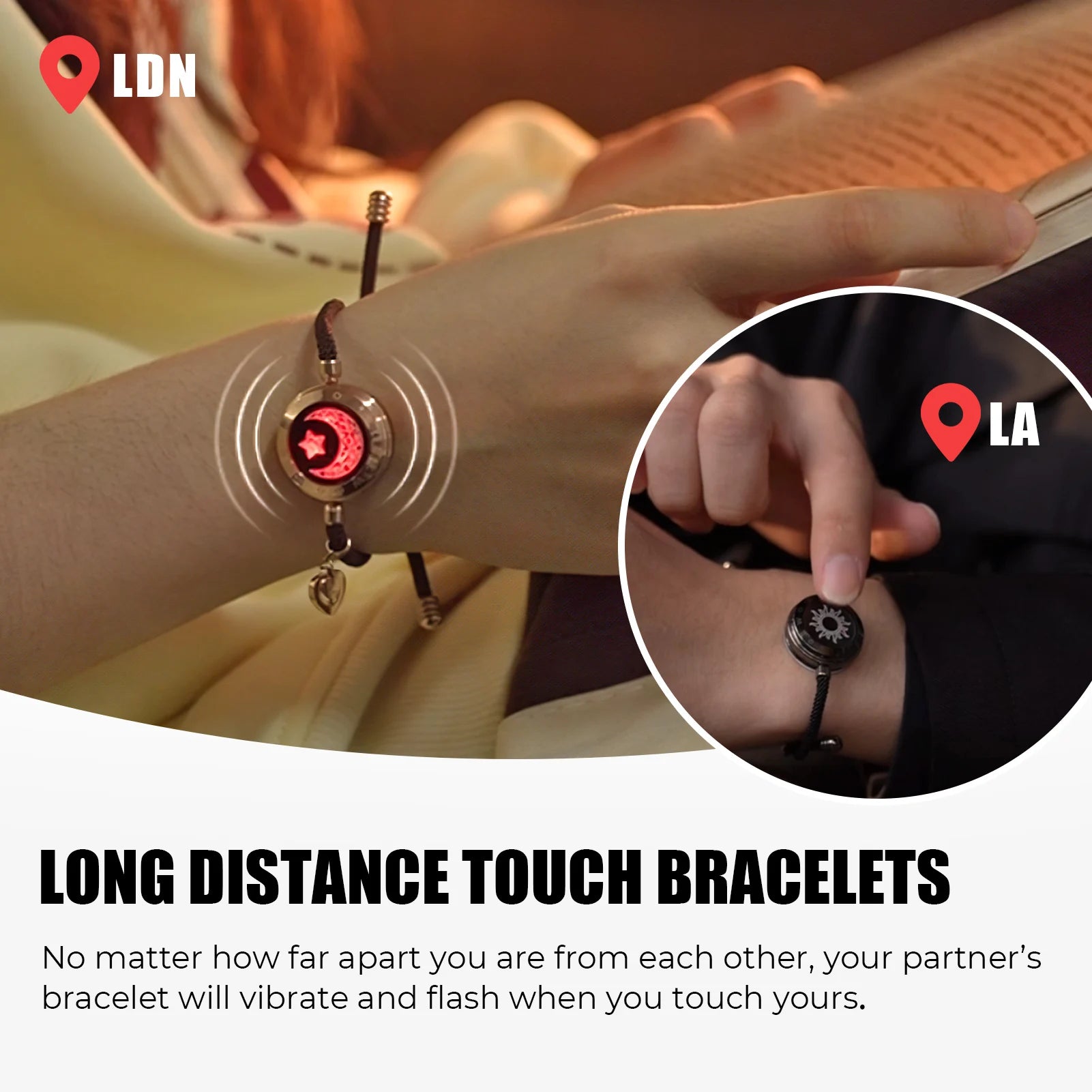 Totwoo Long Distance Touch Light up & Vibrate Bracelets for Couples, Long Distance Relationship Gifts Smart Sun & Moon Love Brac