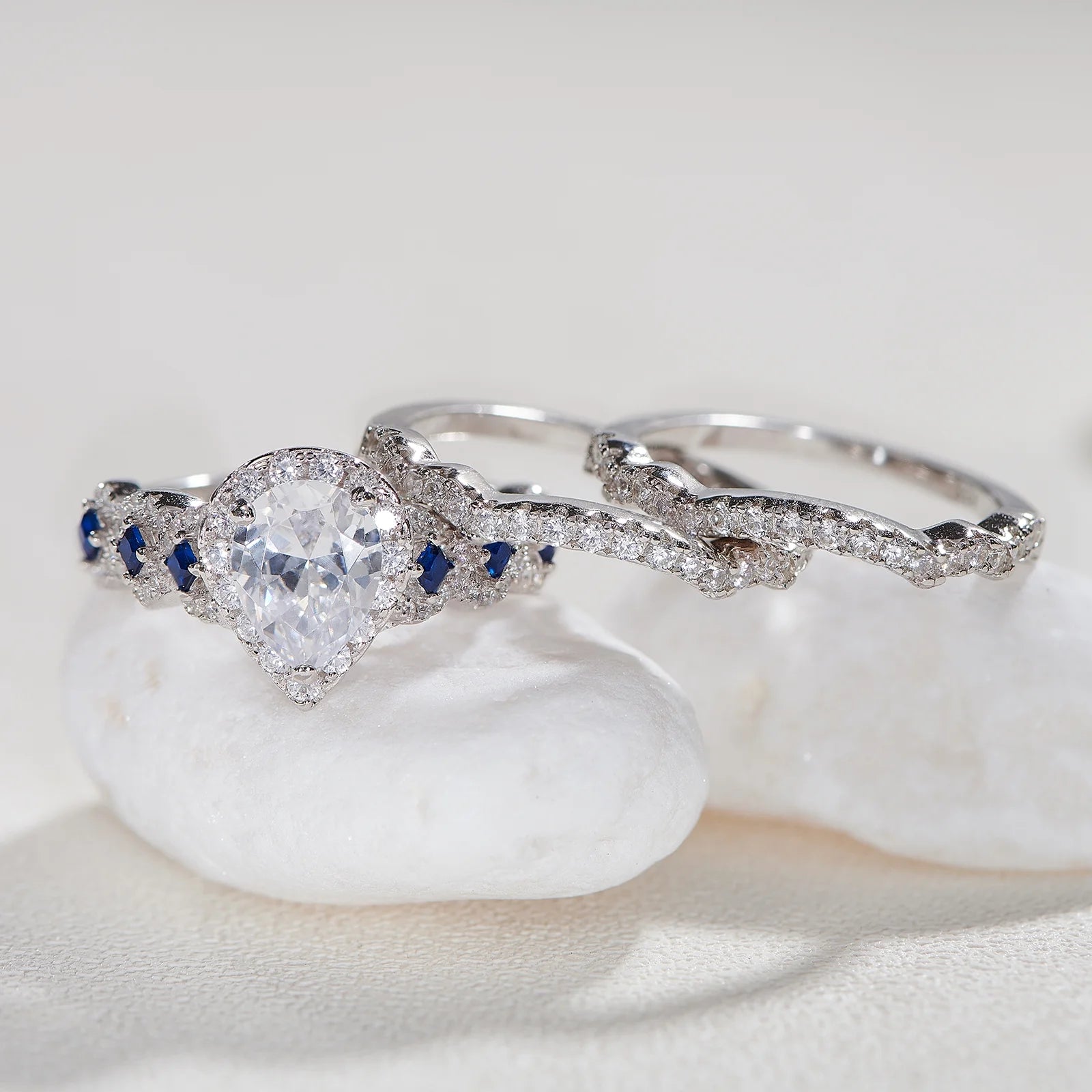 Engagement Wedding Ring Set Rings for Women 925 Sterling Silver 3Pcs 2.5Ct Pear White Cz Blue Size 7