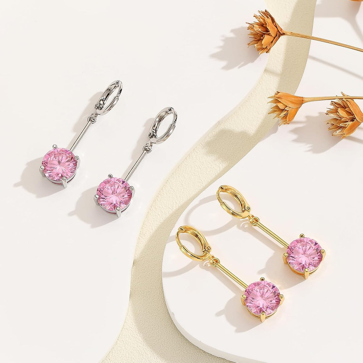 Pink Crystal Gemstone Drop Earrings with Cubic Zirconia– 18K Stamped