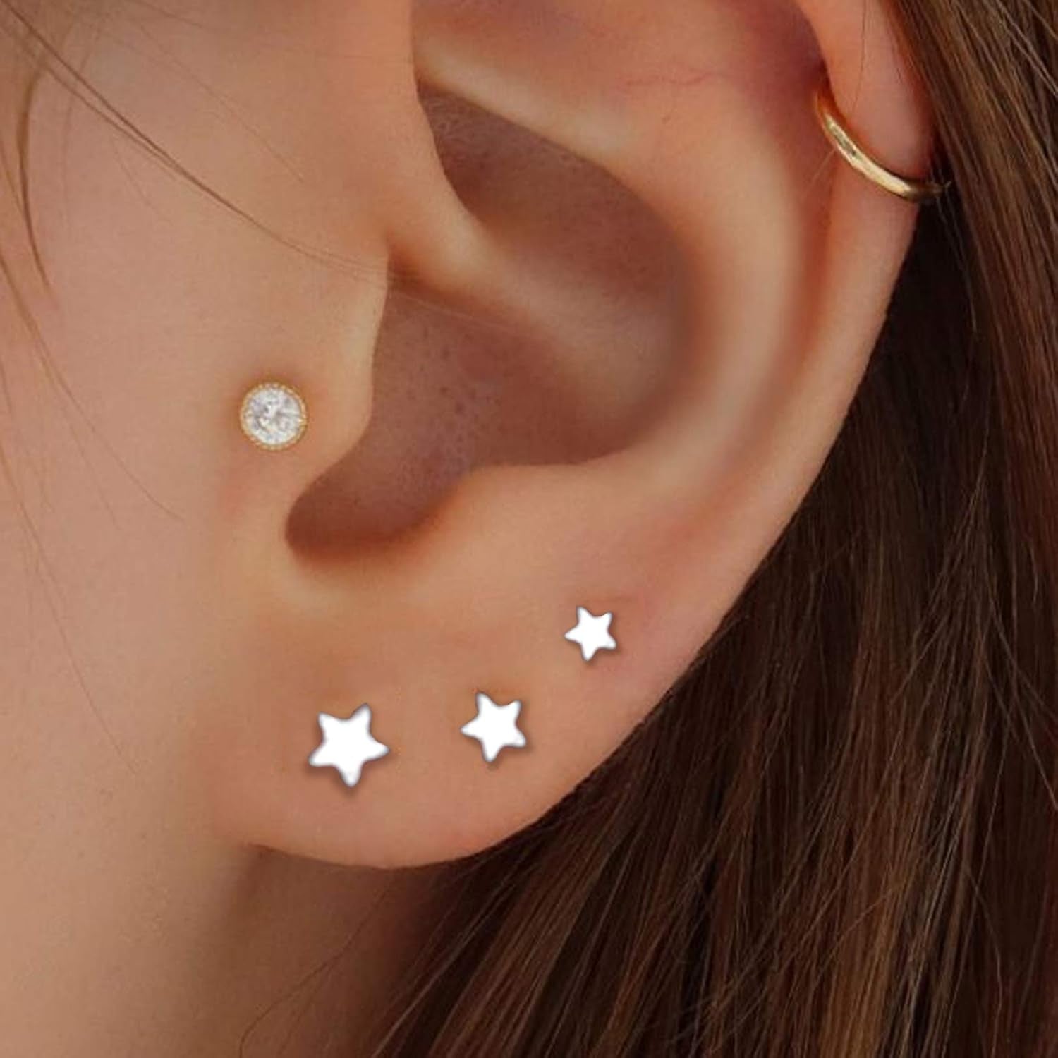 3 Pairs 925 Sterling Silver Star Stud Earrings for Women,Tiny Simple Geometric Stud Earrings Set Small Hypoallergenic Cartilage Tragus Ear Jewellery for Men (3/4/5Mm)