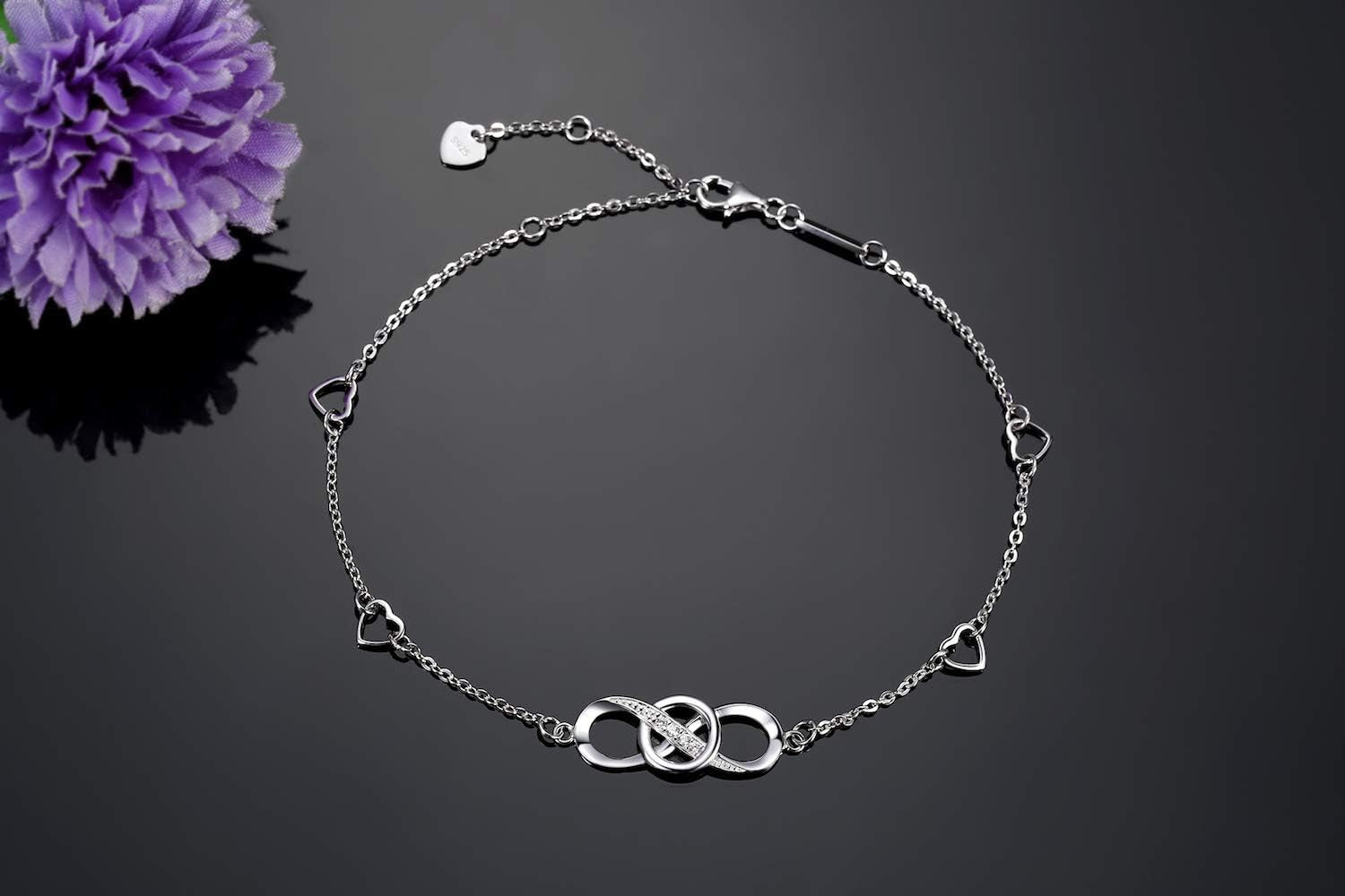 Infinity Ankle Bracelet for Women, 925 Sterling Silver Charm Adjustable Anklet, Large Bracelet Fine Jewelry Mothers Day Gifts White Gold/Rose Gold Plated