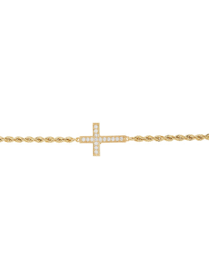 Cubic Zirconia Cross Rope Bracelet in 10K Yellow Gold, 7.5"