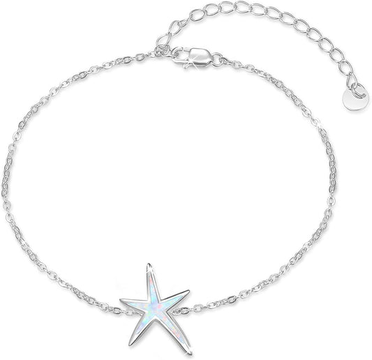 Starfish Bracelet 925 Sterling Silver with White Fire Opal Chain Bracelets Ocean Jewelry Birthday for Women