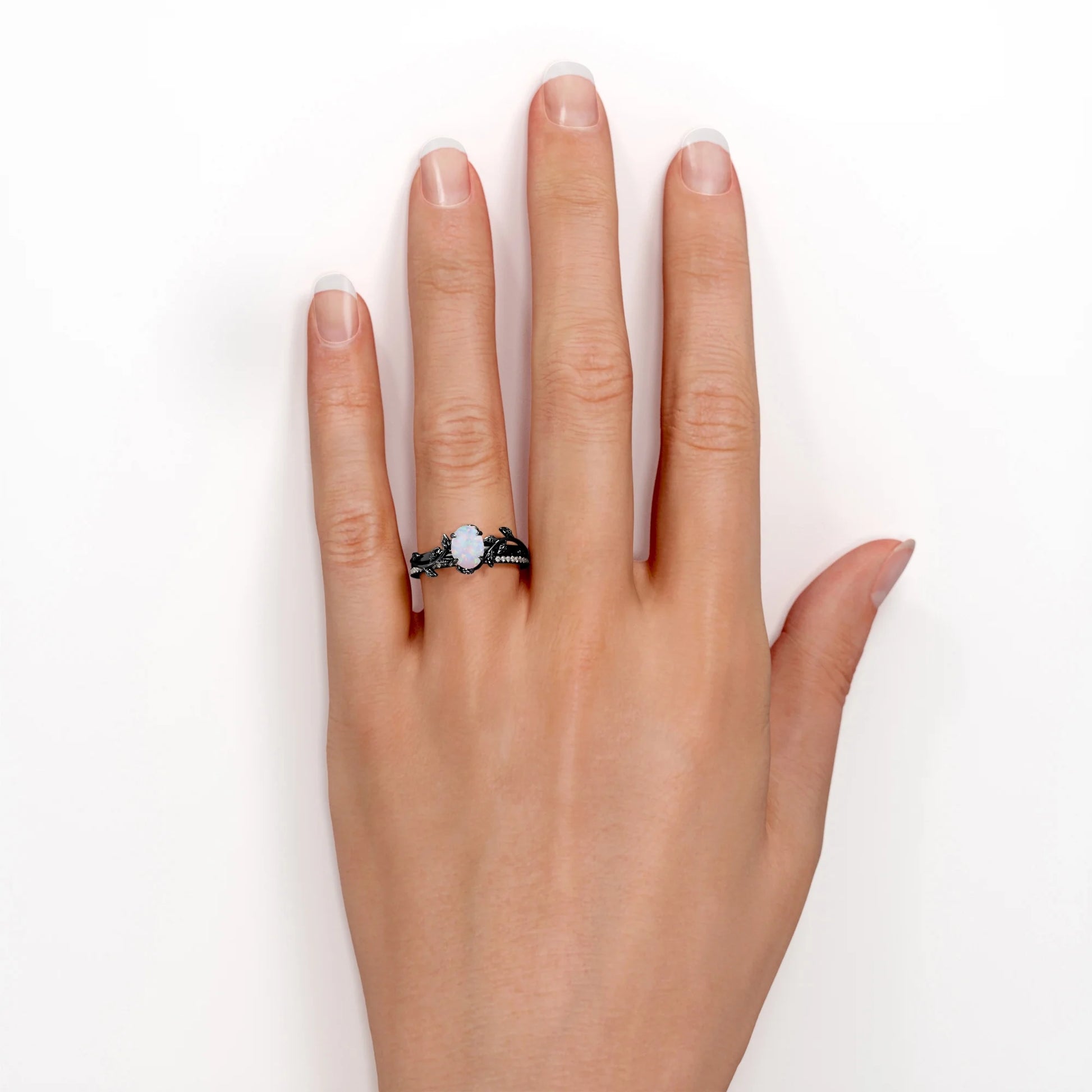 Prong Setting 1.5 Carat Ovate Rainbow Opal and Moissanite Leaf Design Wedding Ring Set in 18K Black Gold Plating over Silver