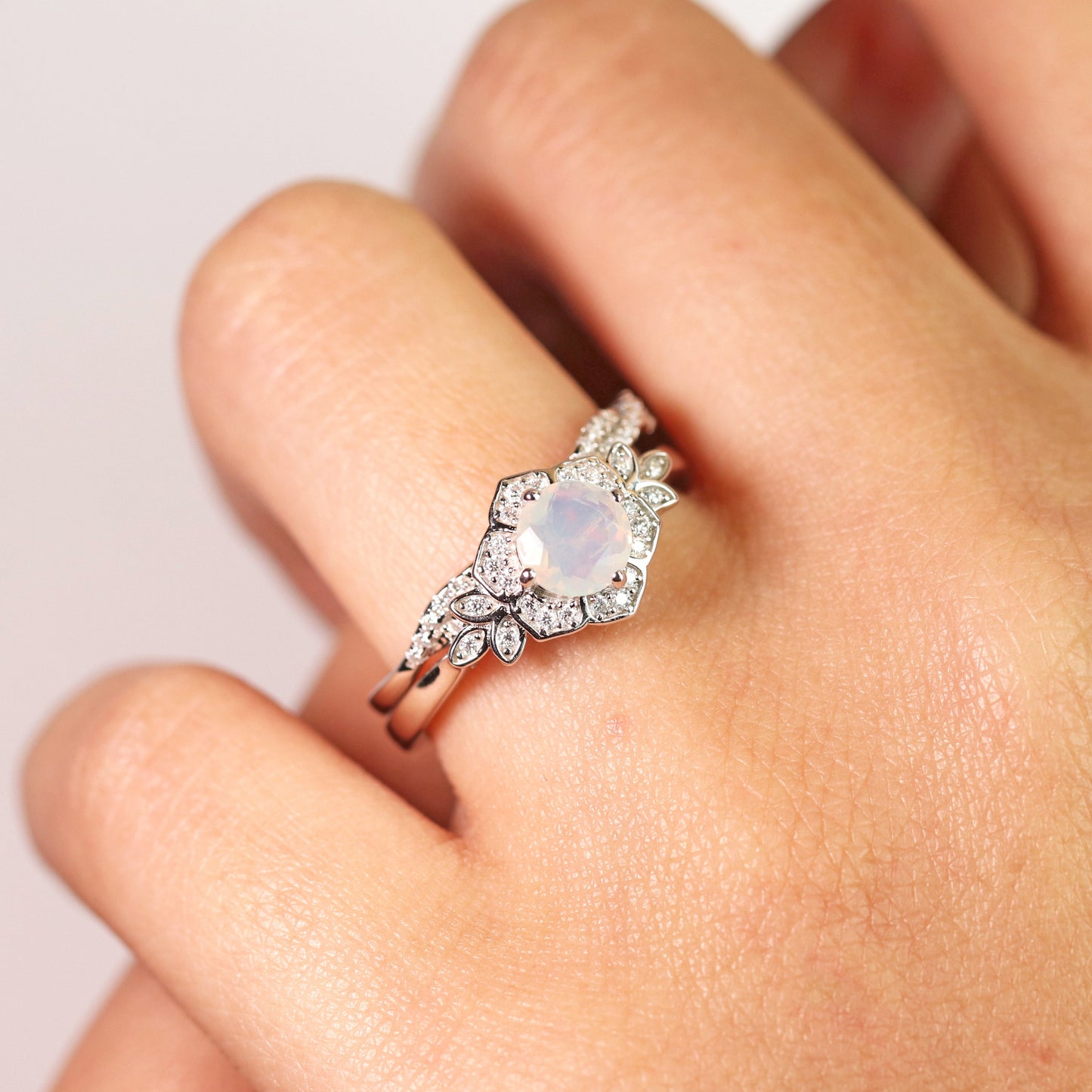 1.75 Ct Genuine round Blue Opal and Moissanite Bridal Ring Set in 18K White Gold over Silver