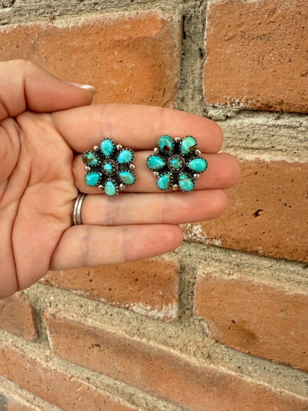 Handmade Flower Cluster Sterling Silver & Turquois