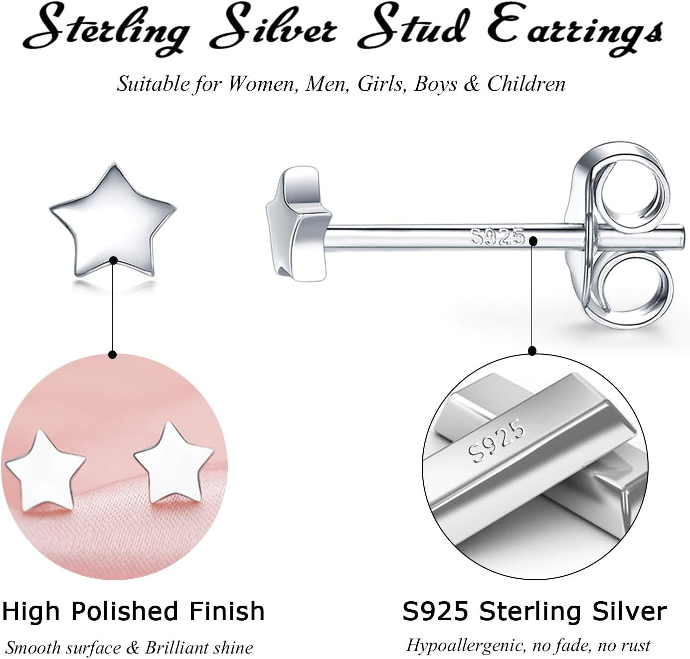 3 Pairs 925 Sterling Silver Star Stud Earrings for Women,Tiny Simple Geometric Stud Earrings Set Small Hypoallergenic Cartilage Tragus Ear Jewellery for Men (3/4/5Mm)