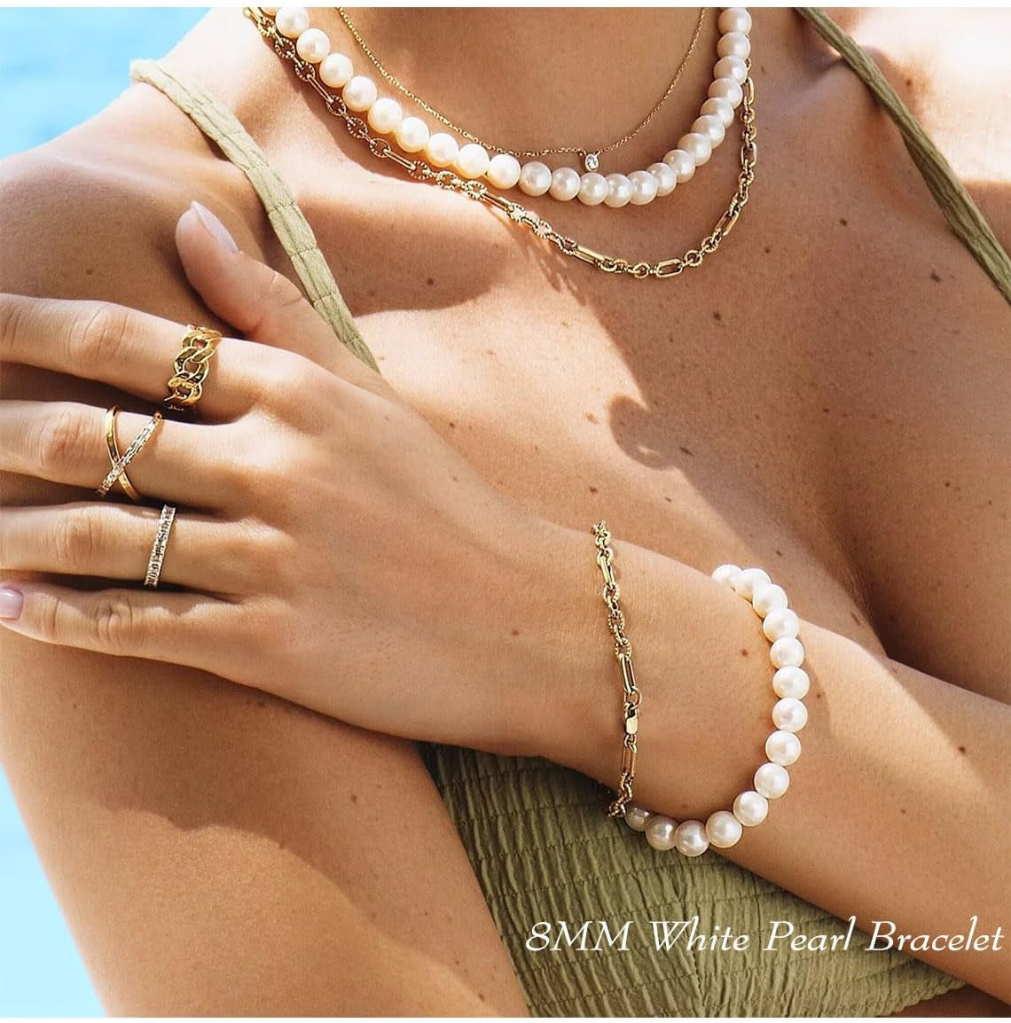 5 Pcs Faux Pearl Bracelet Set for Women Beaded Stretch Strand Bracelets for Bridesmaid,Bridal,Party Jewelry