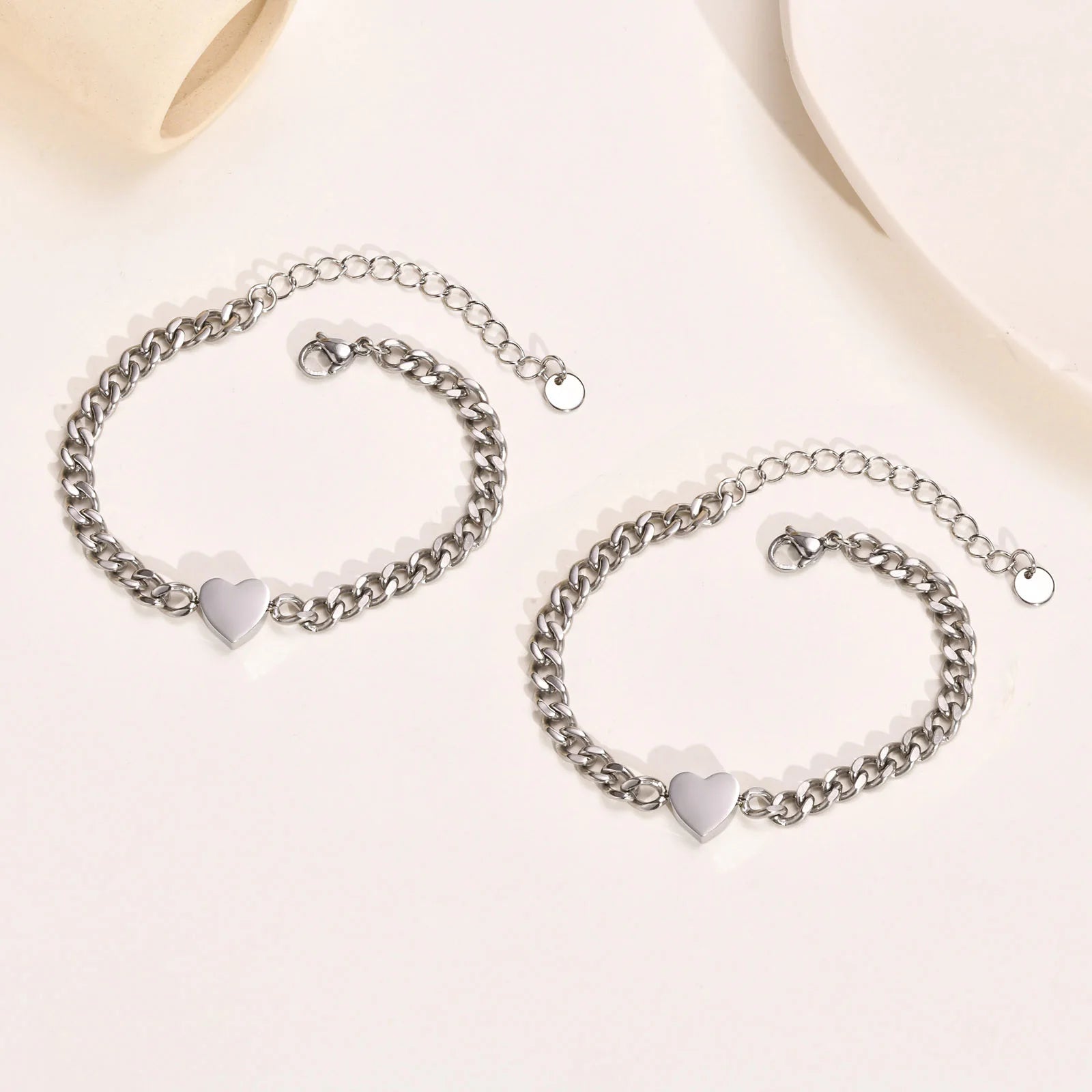Love Heart Couple Bracelets for Men Women, Adjustable Stainless Steel Cuban Chain Bracelets Set,Valentines Day Gift for Him